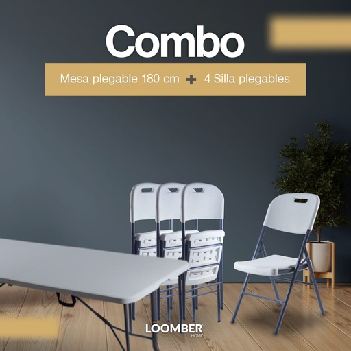 [9900005] Combo de Mesa Plegable Blanca 180 (Siena) + 4 Sillas Plegables Blancas