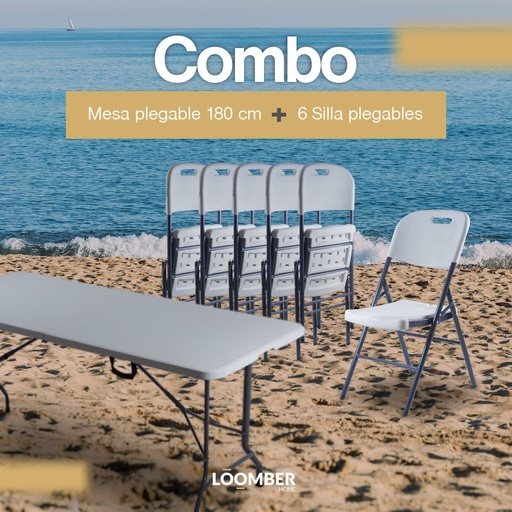 [9900173] Combo Mesa Plegable 180 Verona + 6 Sillas Plegables Blancas